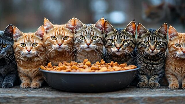 A Row of Curious Cats: A group of adorable cats, in various tabby and ginger patterns, gaze intently at a bowl of cat food, their postures radiating anticipation and curiosity.