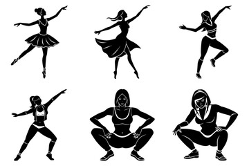 Woman dance fitness silhouette flat design bundle set 22