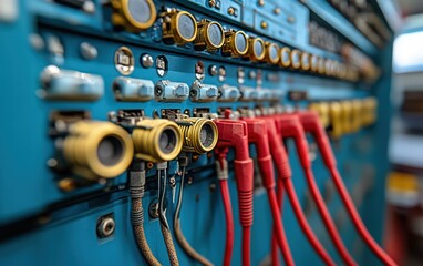 Close-up of vintage audio mixer with gold and red cables plugged in.  A detailed look at its intricate components.
