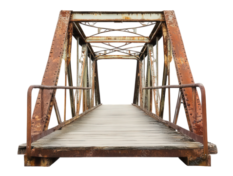weathered. rusty bridge with a wooden walkway. showcasing its industrial design and aged patina the structure is framed by metal supports. indicating its purpose for pedestrian passage over a gap or w - Powered by Adobe