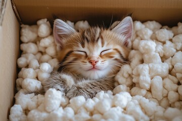 Obraz premium A small, fluffy kitten is curled up and sleeping soundly inside a cardboard box. The box is filled with soft packing peanuts, creating a cozy resting place for the young furry friend