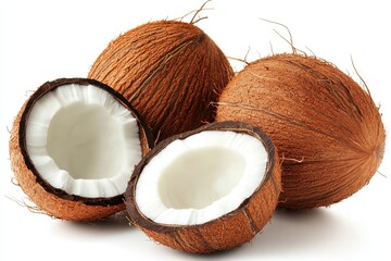 Fresh Whole and Halved Coconuts on White Background Showcasing Natural Texture and Tropical Fruit Interior
