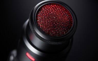 Intricate details of a condenser microphone, showcasing its red mesh grille against a dark, moody...