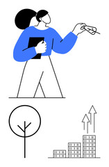 Woman holding a notebook and engaging in idea exchange. Includes stylized minimal tree, buildings with growth arrows. Ideal for business growth, knowledge sharing, sustainability, teamwork, ecology