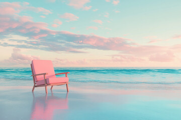 A colorful beach chair on the sand, with an ocean view in pastel colors.