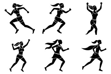 Woman fitness jogging silhouette set isolated on white background