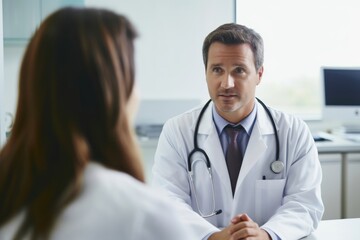 Doctor wears white gown talking with a patient stethoscope adult accessories