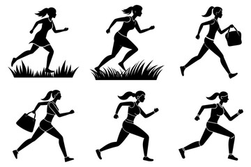 Woman fitness jogging silhouette vector set on white background