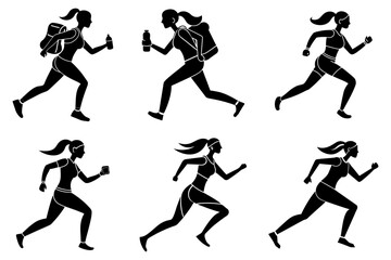 Woman fitness jogging silhouette on white background set bundle
