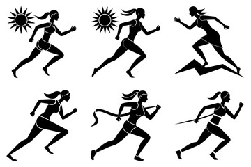 Woman jogging fitness silhouette bundle on white background