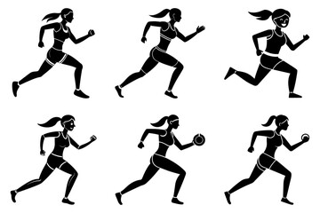 Woman fitness jogging silhouette bundle on white background