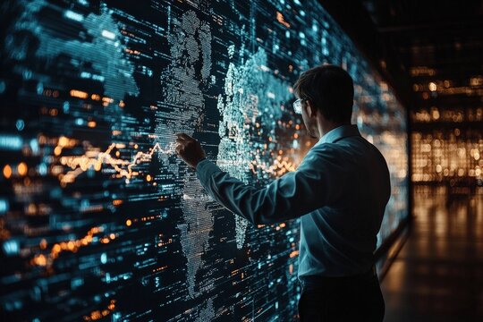 A data scientist faces an expansive wall of illuminated data, analyzing patterns and trends, embodying the depth and breadth of contemporary data exploration.