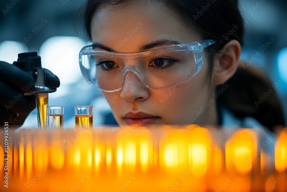 Poster scientist in safety gear concentrates on work with test tubes, symbolizing dedication, precision, an
