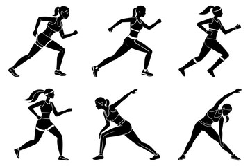 Woman fitness jogging silhouette on isolated white background