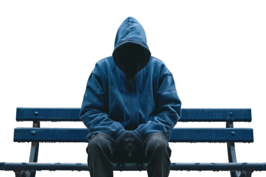 Faceless man in a blue hoodie sitting on a park bench isolated on transparent background