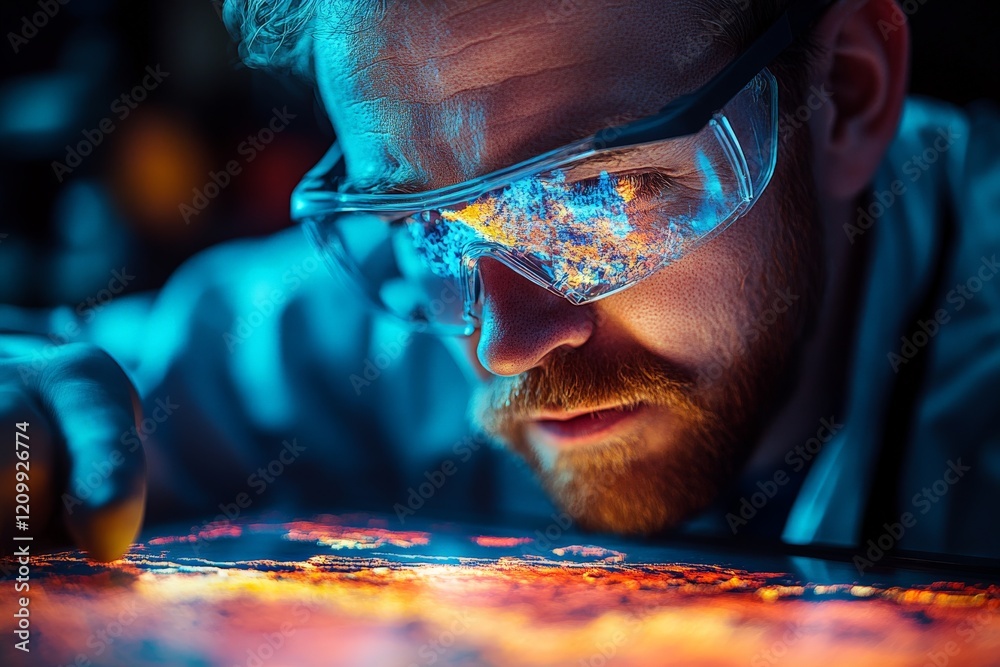 Poster A focused scientist peering through protective eyewear examines a vibrant illuminated geological surface with precision in a controlled environment.