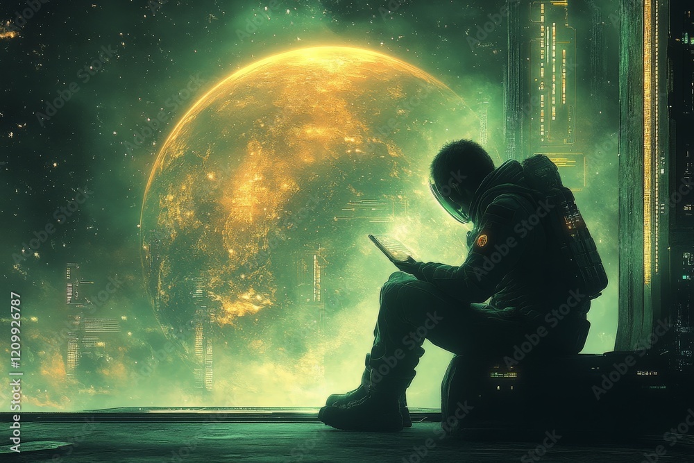 Poster an astronaut sits in contemplative silence, gazing at a glowing, ethereal alien planet through a por