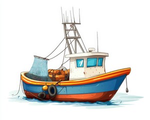 Fototapeta premium Colorful Cartoon Fishing Boat with Net and Buoys on Water