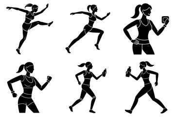 Woman fitness jogging vector silhouette on white background bundle