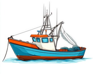 Fototapeta premium Vibrant Fishing Boat Illustration with Nets and Calm Water Background