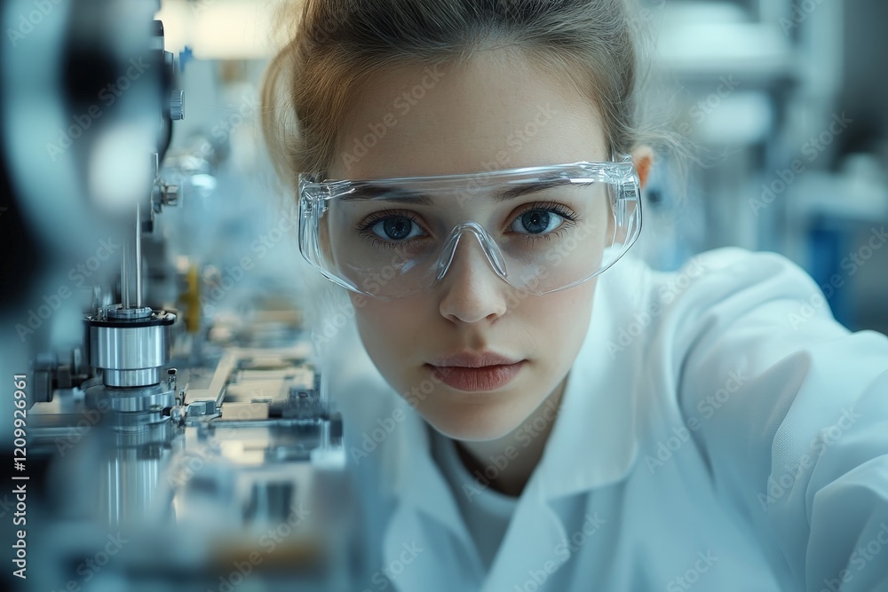 Poster a young scientist wearing safety goggles is intently examining and working with machinery in a labor
