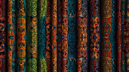 Fabric with modern, colorful style, background patterns, textures, close-up of colorful patterned fabrics hanging in a market, background with orange drapery and abstract pattern.