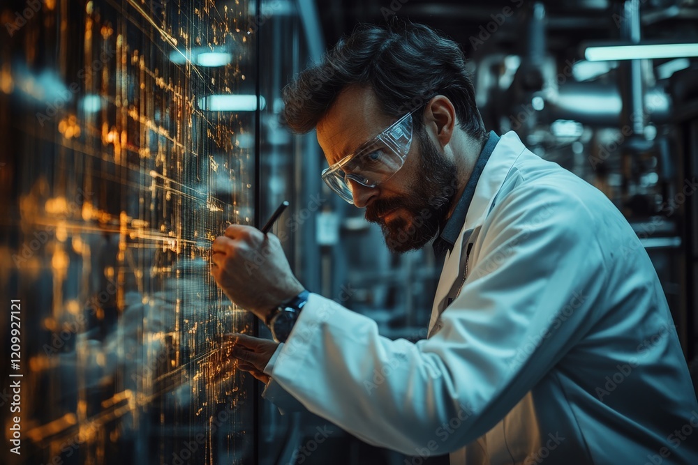Poster a scientist, in a lab setting, sketches data or diagrams on an illuminated digital screen or board, 