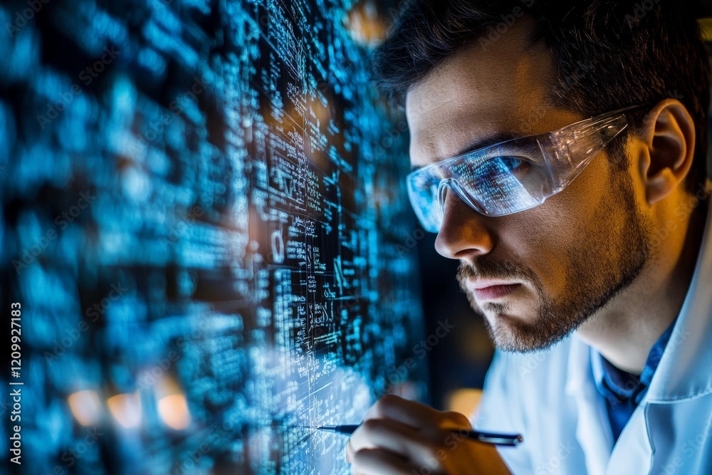 Poster a focused researcher wearing safety glasses examines a digital interface filled with code and data p