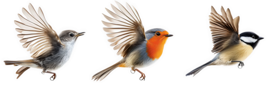 three different species of birds in mid-flight. showcasing their vibrant plumage and dynamic wing positions against a white background this composition emphasizes the beauty and diversity of avian lif