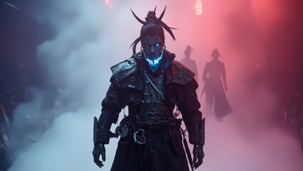 Cyberpunk Samurai Fashion Show Futuristic Warrior in Smoky Atmosphere