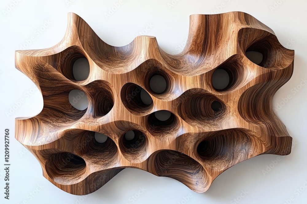Fototapete A modern wood sculpture featuring an intricate pattern of hollowed forms, creating a dynamic play of light and shadow in its design.