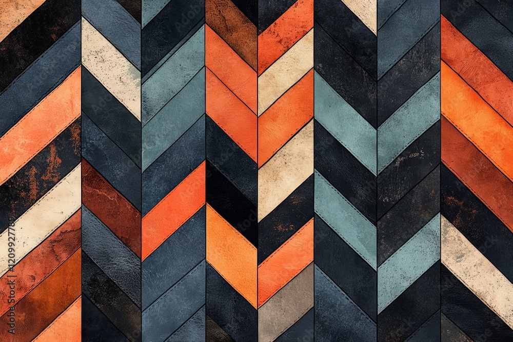 Poster This image features a chevron pattern tapestry with vibrant warm colors, presenting a geometric design that is both bold and visually captivating.
