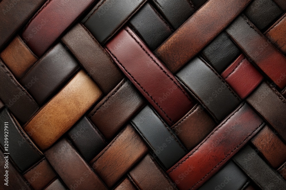 Poster this image shows an intricate weave of leather strips in deep earthy tones, capturing a sense of cra