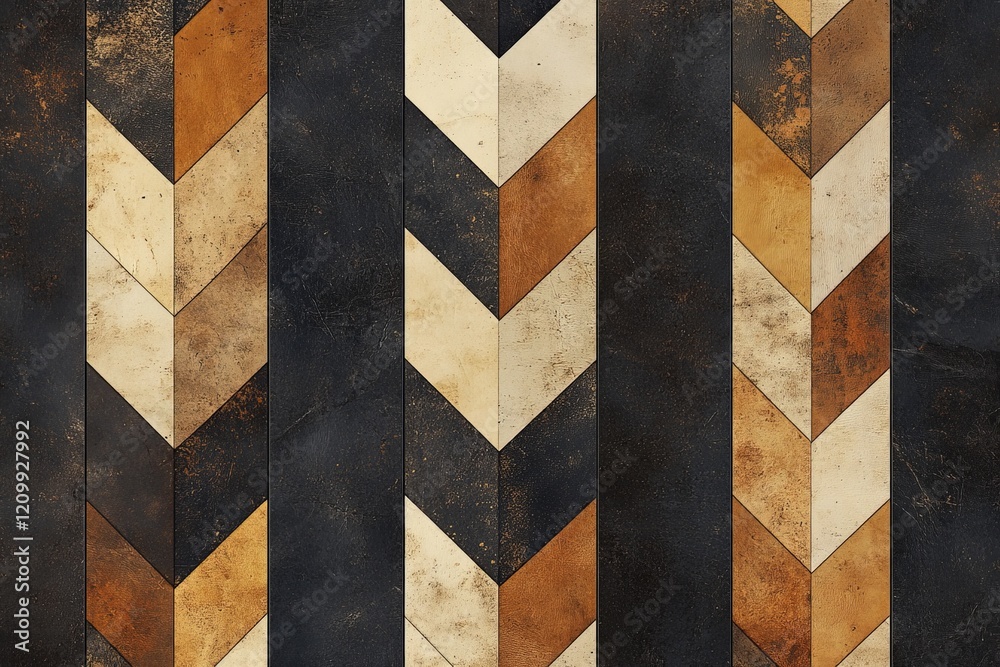 Poster Industrial-style image with monochromatic chevron stripe patterns on rustic metal panels, emphasizing an innovative design with vintage inspirations for interiors.