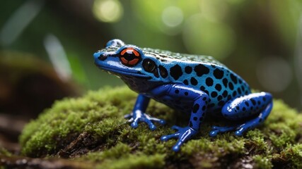 Obraz premium A vibrant blue frog with black spots resting on moss in a lush environment.