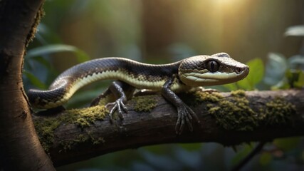 Obraz premium A close-up of a sleek lizard resting on a mossy branch in a lush forest setting.