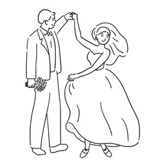 Groom is holding the bride's hand, and they are both dancing together cutely vector illustration