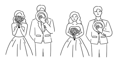 Cute wedding couple, bride and groom posing with bouquet and groom's hat, bride and groom vector illustration