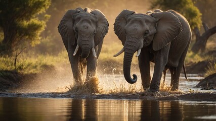 Obraz premium Two elephants wade through a river at sunset, creating a serene wildlife scene.