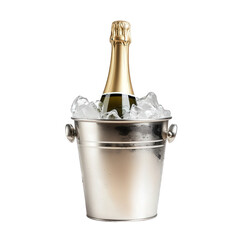 classic silver ice bucket filled with ice. holding a bottle of champagne the scene is minimalistic and elegant. suggesting celebration or special occasions the shiny surface of the bucket reflects lig