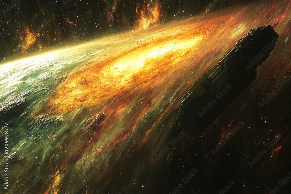 Poster a colossal spaceship gracefully approaches an awe-inspiring cosmic storm ablaze with radiant colors 