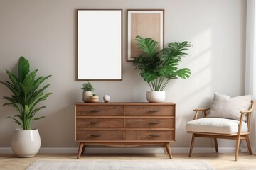 living room with wooden vintage commode, furniture, lamp, plant, carpet, pillows, blank poster frame, pearl wall