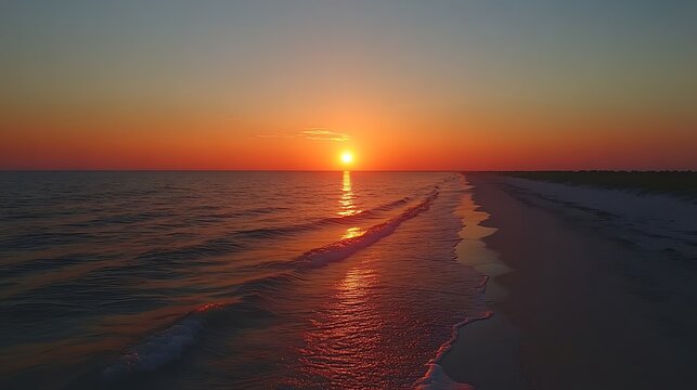 Golden Hour Sunset Over the Sea: A vibrant and dramatic sunset paints the sky in fiery hues of orange, red, and purple as the sun dips below the horizon.