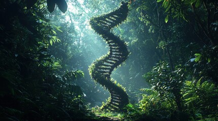 DNA Double Helix Shaped Structure Resembling Kapok Tree Towers in Lush Jungle Forest with Rays of Sunlight
