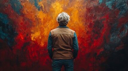 Obraz premium Contemplation Before Abstract Art: A person stands with their back to the viewer, gazing at a large, vibrant abstract painting dominated by fiery oranges, deep reds, and moody blues.