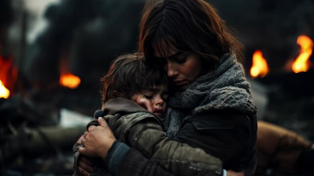 In a harrowing moment, a mother holds and hugs her injured/dead son close amidst chaos and destruction. The backdrop is filled with flames and smoke, highlighting the hardships faced during conflict.
