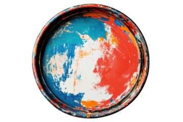 round paint tray with a vibrant mix of colors. showcasing splashes of blue. red. orange. and white the worn surface indicates previous use. likely for artistic purposes its texture and color palette s