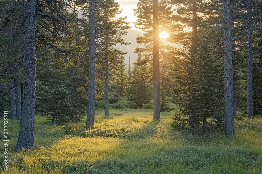 Poster the sun gently peeks through dense trees in a tranquil forest setting, casting dappled light on the 