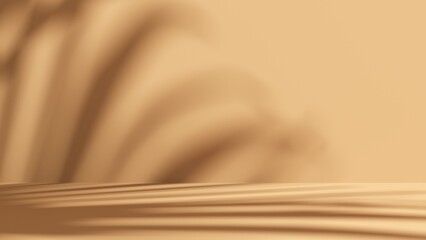 Unobtrusive natural pastel background with shadows on the wall, exterior - 3d render. Botanical empty podium with shadows from plants, palms, trees for product presentation, advertising.