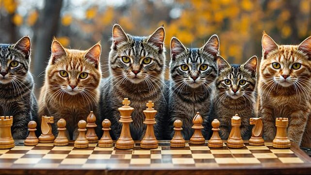 Cats and Chess: A row of six cats of varying colors and patterns sits intently before a chessboard, creating a whimsical and captivating scene.  The autumnal backdrop adds to the intriguing mood.